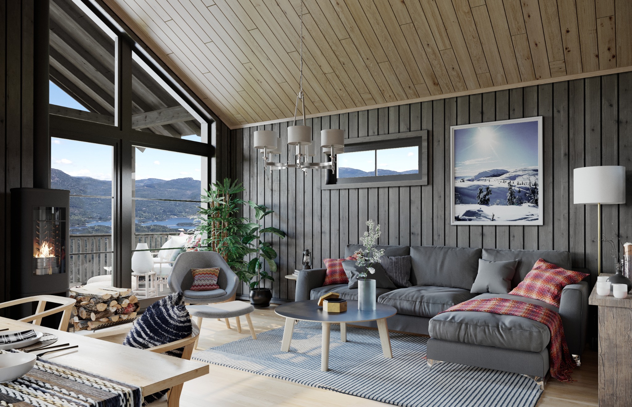 Interiørvisualisering av stue i hytte med fjellutsikt